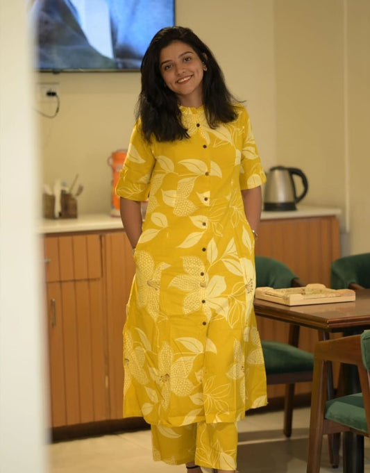 Women's Cotton Yellow Floral Print Co-Ords Set