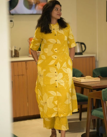 Women's Cotton Yellow Floral Print Co-Ords Set
