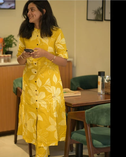 Women's Cotton Yellow Floral Print Co-Ords Set