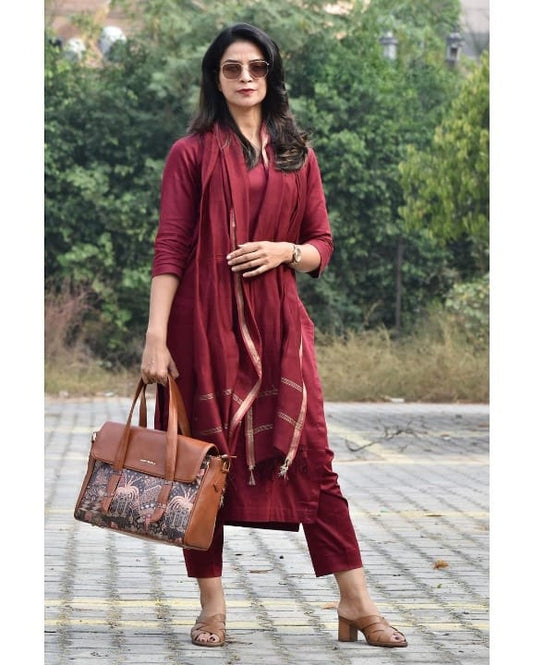 Women Maroon Pure Cotton Plain Kurti Pant Set with Chanderi Dupatta, Elegant Wear for Women