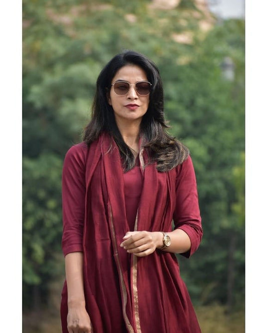 Women Maroon Pure Cotton Plain Kurti Pant Set with Chanderi Dupatta, Elegant Wear for Women