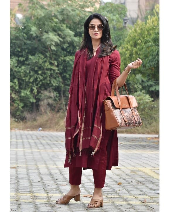 Women Maroon Pure Cotton Plain Kurti Pant Set with Chanderi Dupatta, Elegant Wear for Women