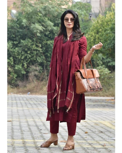 Women Maroon Pure Cotton Plain Kurti Pant Set with Chanderi Dupatta, Elegant Wear for Women