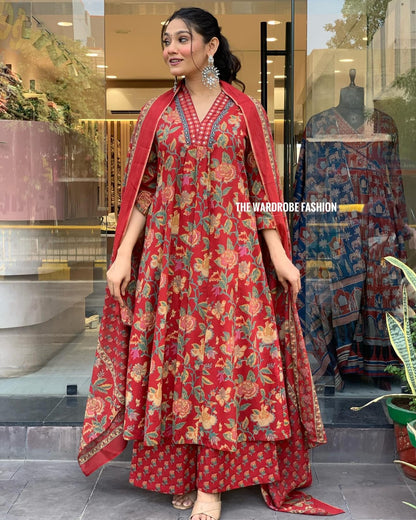 Women's Red Floral Anarkali Kurta Pant And Dupatta Set