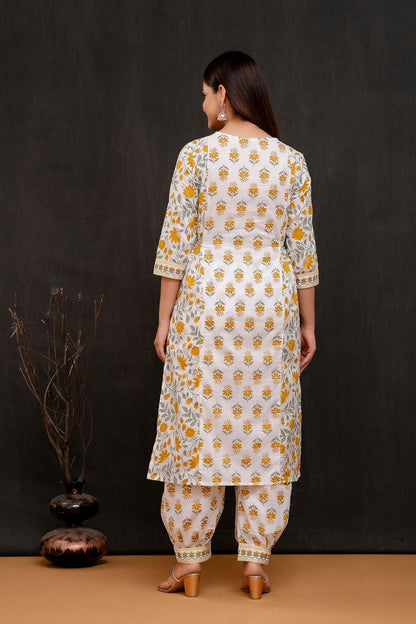 Yellow Women's Beautiful Block Print Nyra-Cut Kurta Pant & Dupatta Set