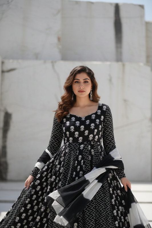 Black & White Cotton Blend Gown And Dupatta Set for women