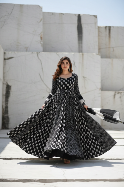 Black & White Cotton Blend Gown And Dupatta Set for women