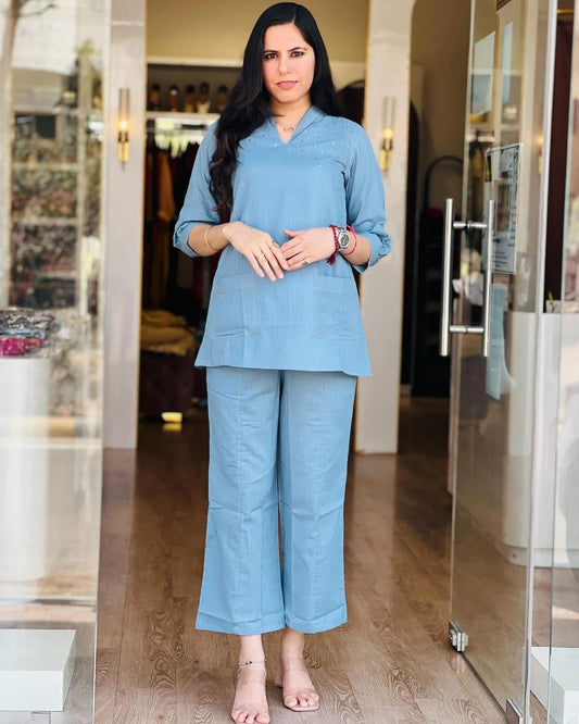Blue Sequin Cotton Co-ord Set