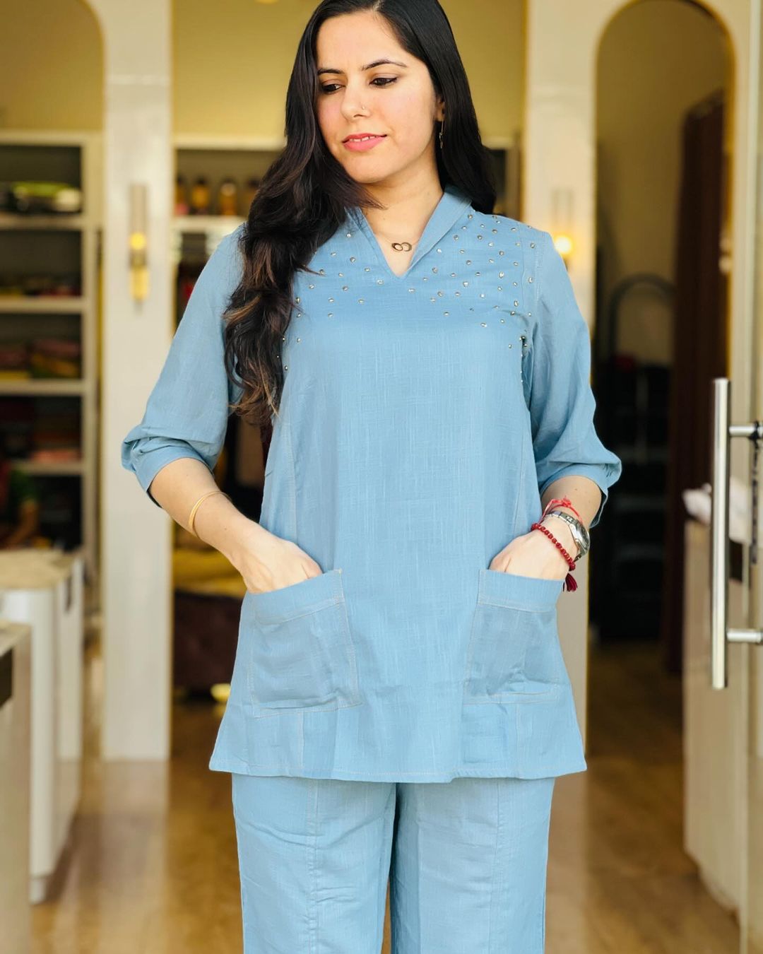 Blue Sequin Cotton Co-ord Set