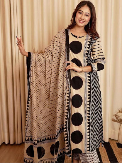 Elegant Beige & Black Geometric Printed Kurta Set with Dupatta