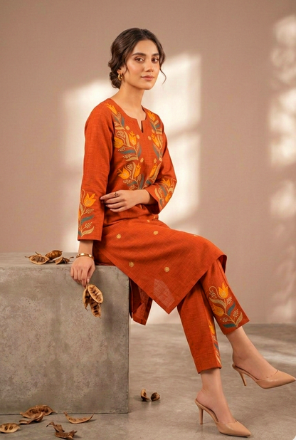 Vibrant Terracotta Tulip Aari Work Kurta & Pant Set