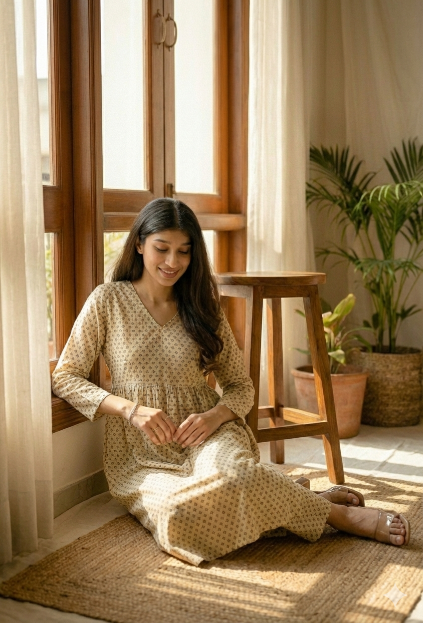The Breezy Beige Set: Printed Kurta-Pant Duo