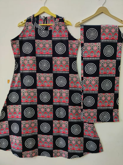 Tribal Geometric: Black & Red Abstract Print Sleeveless Kurta Set