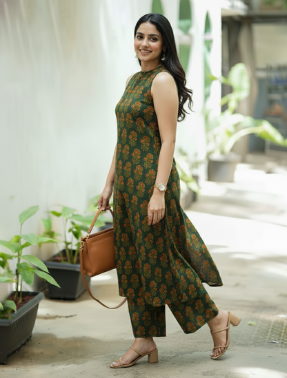 Emerald Bloom Printed Halter Neck Kurti with Palazzos