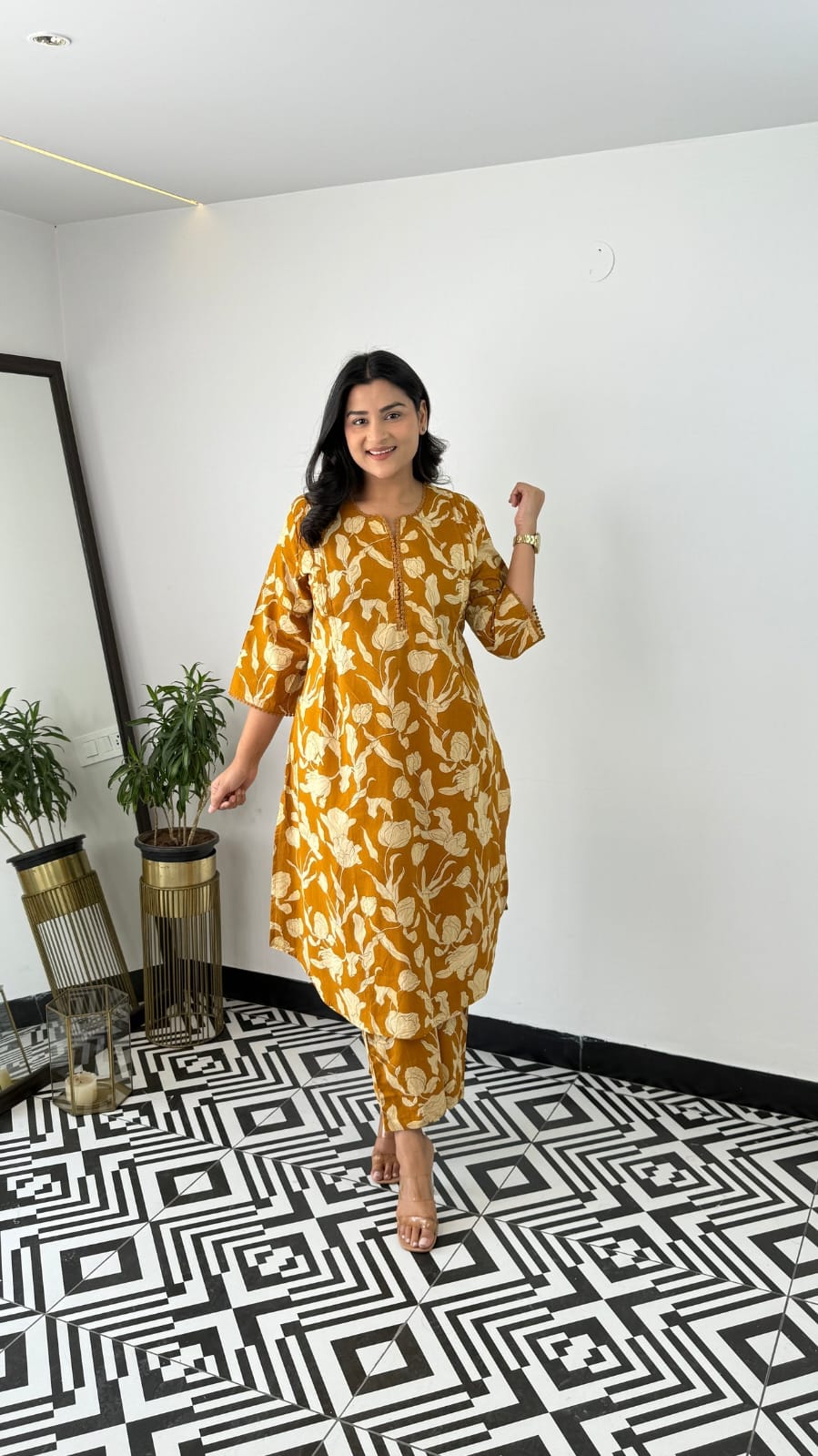 Women's Floral Vine Print Kurta Pant Set with Lace Detail (Mustard)