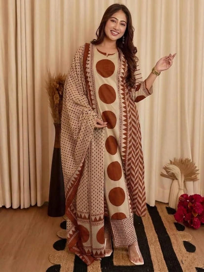 Elegant Beige & Rust Brown Geometric Printed Kurta Set with Dupatta