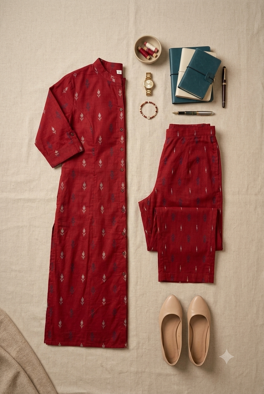 Chic Crimson Ikat Print Co-Ord Set | Premium Cotton Kurta & Straight Pants Trousers