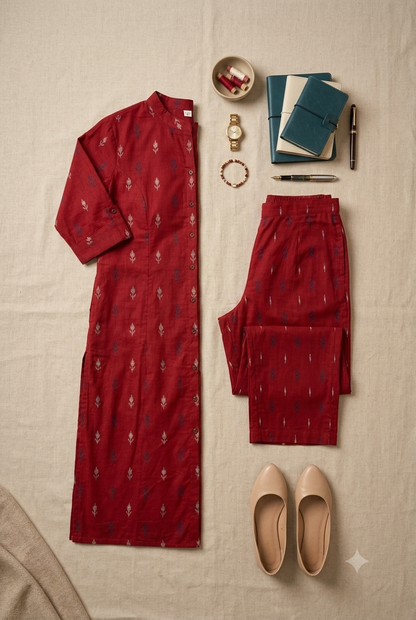 Chic Crimson Ikat Print Co-Ord Set | Premium Cotton Kurta & Straight Pants Trousers