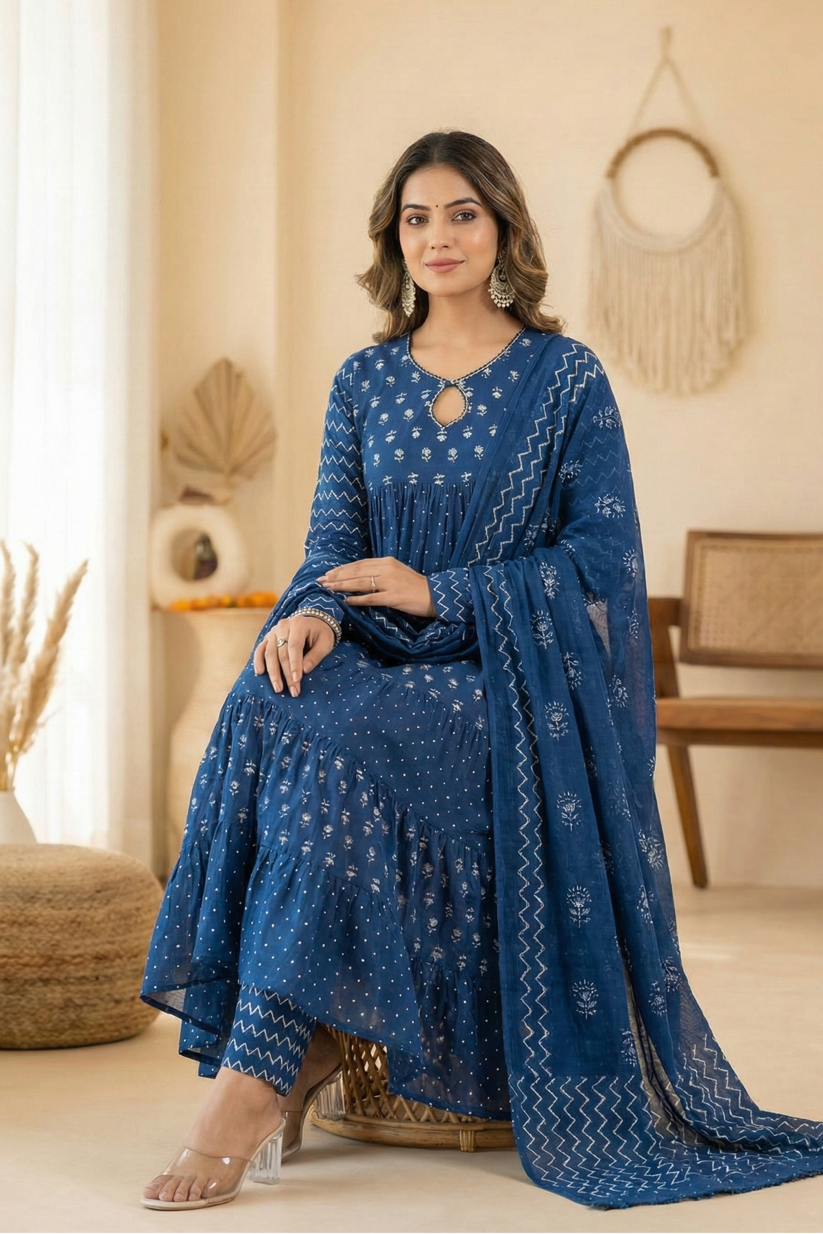 Elevate your everyday ethnic style with this stunning Indigo Blue Tiered Suit Set