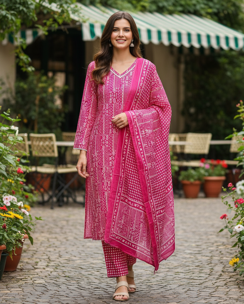 Rani Pink: Fine Printed Straight-Cut Kurta Set in Pure Cotton with Lace Detailing & Dupatta