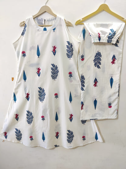 Women's White Floral Print Sleeveless A-Line Kurta with Palazzo Set