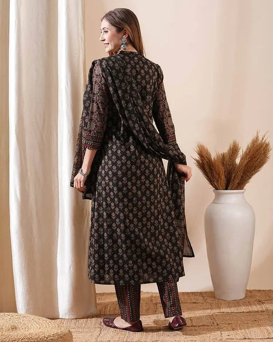 Women's Dark Brown Floral Print Flared Kurta Pant Set with Dupatta