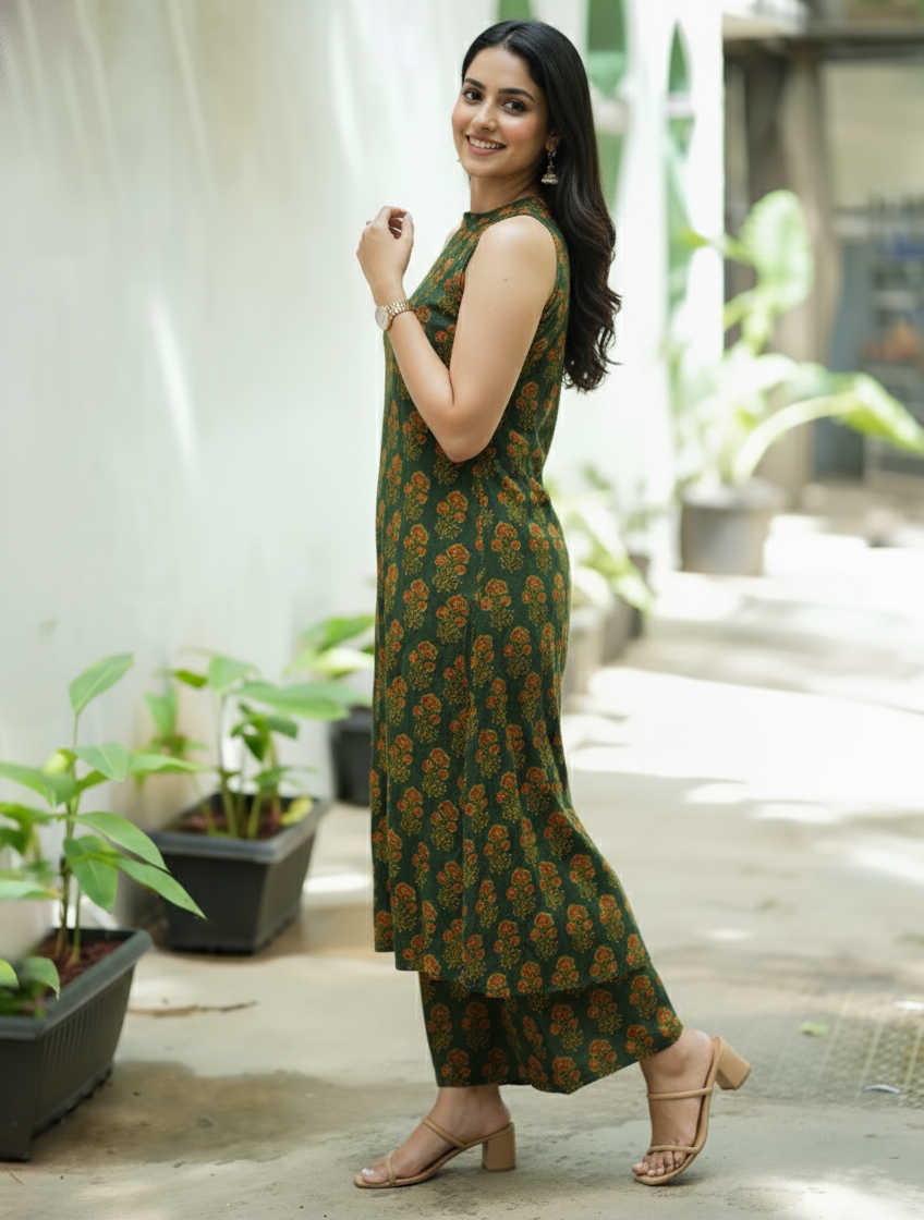 Emerald Bloom Printed Halter Neck Kurti with Palazzos