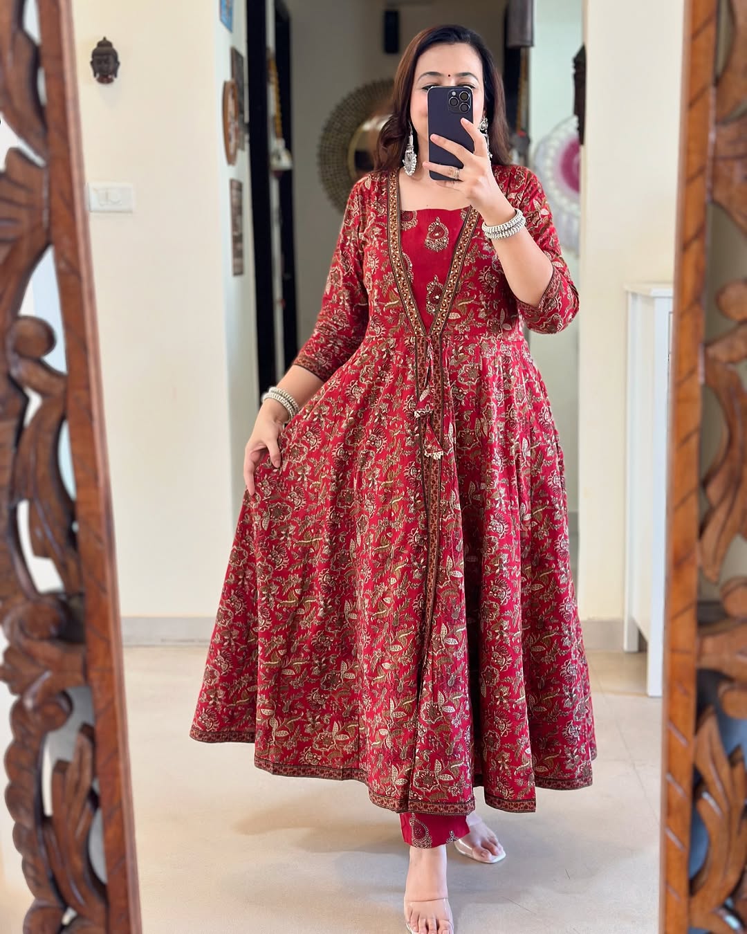Festive Fusion: Red Block Print Anarkali Set with Flared Jacket & Layered Kurta