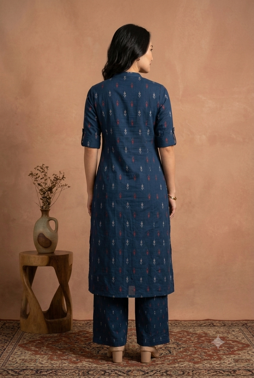 Elegant Indigo Ikat Print Co-Ord Set | Premium Cotton Kurta Tunic & Wide-Leg Pants