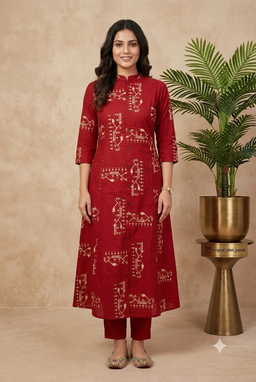Artisanal Red & Gold Ikat-Inspired Kurta and Pant Set