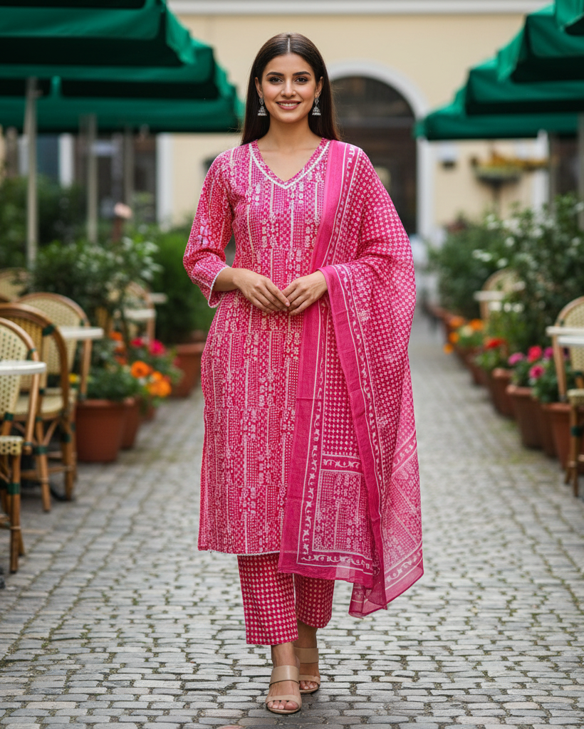 Rani Pink: Fine Printed Straight-Cut Kurta Set in Pure Cotton with Lace Detailing & Dupatta