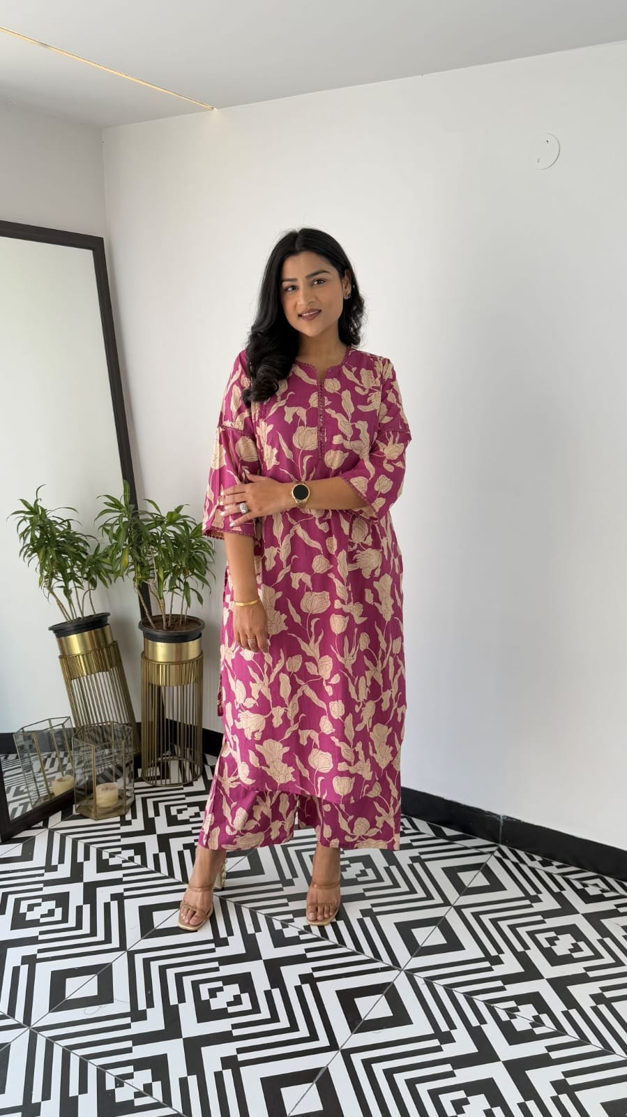 Women's Magenta Purple Floral Vine Print Kurta Pant Set with Lace Detail