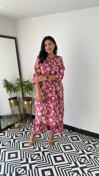 Women's Magenta Purple Floral Vine Print Kurta Pant Set with Lace Detail