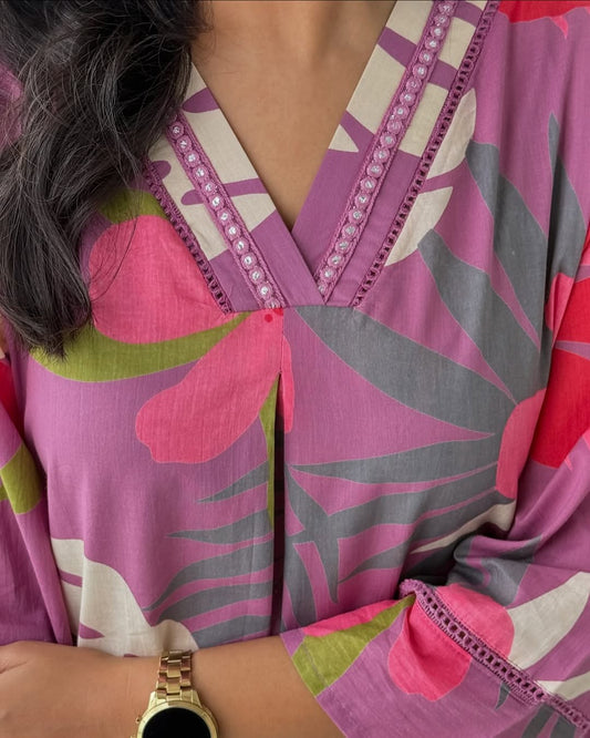 Women's Lavender Tropical Floral Print Cotton Kurta with Pant Set