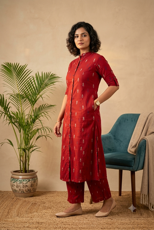 Chic Crimson Ikat Print Co-Ord Set | Premium Cotton Kurta & Straight Pants Trousers