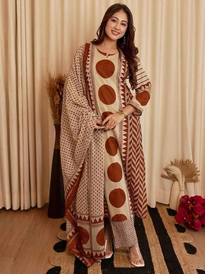 Elegant Beige & Rust Brown Geometric Printed Kurta Set with Dupatta