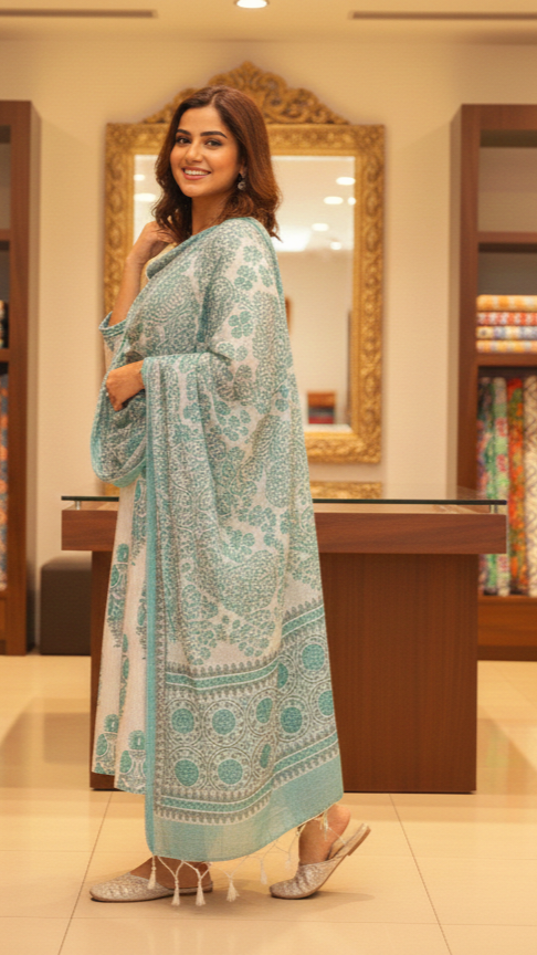 White & Teal Blue Floral Block Print Cotton Anarkali Suit Set with Dupatta