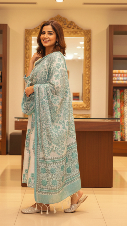 White & Teal Blue Floral Block Print Cotton Anarkali Suit Set with Dupatta