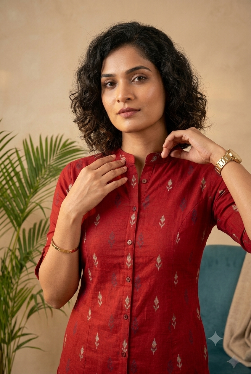 Chic Crimson Ikat Print Co-Ord Set | Premium Cotton Kurta & Straight Pants Trousers