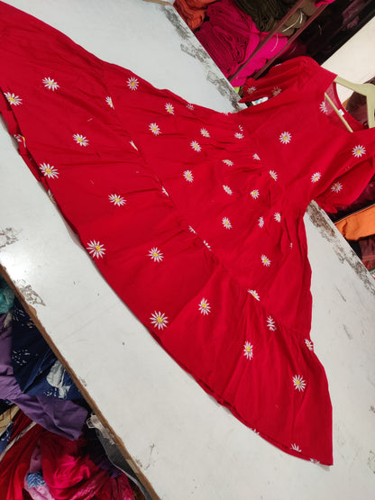 Red Daisy Embroidered Cotton Tiered Midi Dress with Puff Sleeves