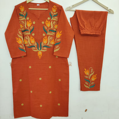 Vibrant Terracotta Tulip Aari Work Kurta & Pant Set