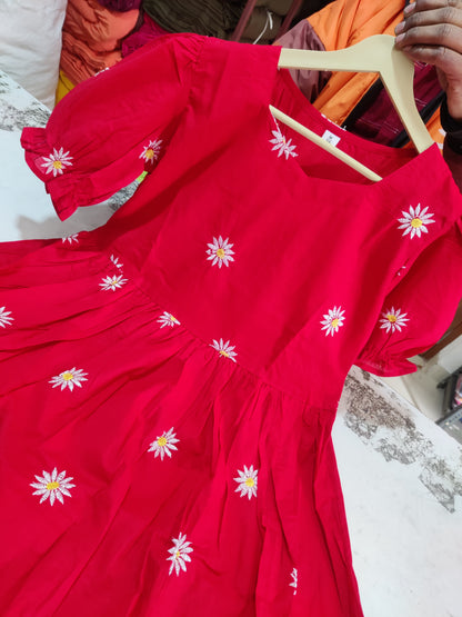 Red Daisy Embroidered Cotton Tiered Midi Dress with Puff Sleeves