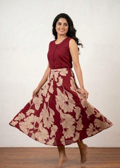 Elegance in Print: Maroon Gingko Leaf Midi Dress