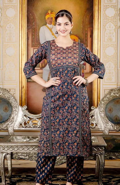 Royal Jaipur Indigo Angrakha Suit Set with Traditional Print & Gold Gota Patti Detailing