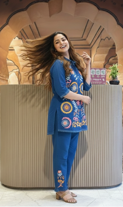 Chic Blue Embroidered Cord Set – Modern Ethnic Style