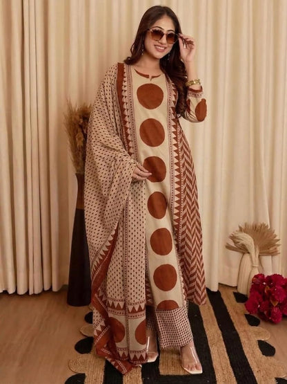 Elegant Beige & Rust Brown Geometric Printed Kurta Set with Dupatta