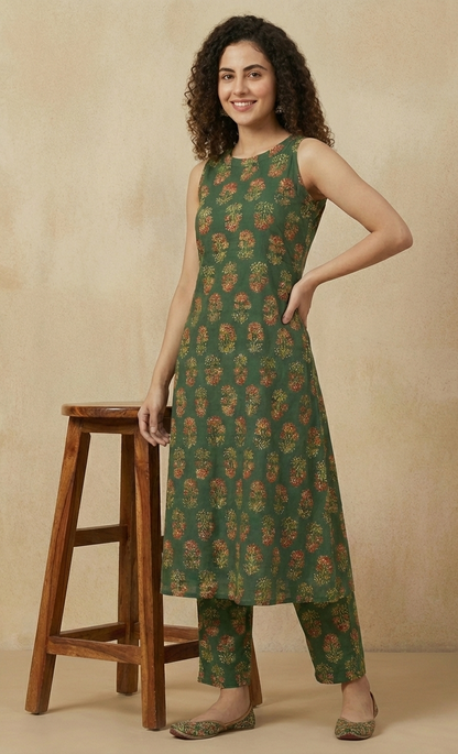 Deep Green Floral Block Print Sleeveless Kurta and Pant Set