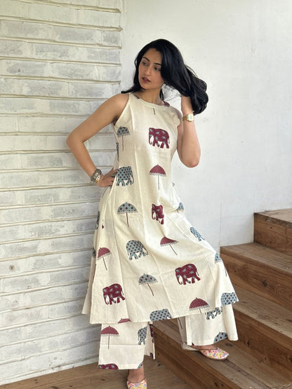 Women's Off-White Elephant Print Sleeveless A-Line Kurta with Palazzo Set