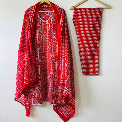 Festive Red: Premium Cotton Straight-Cut Kurta Set with Bandhej-Inspired Print & Dupatta