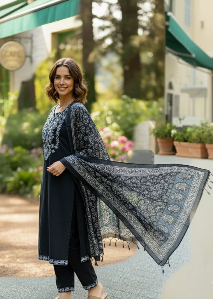 Elegant Black Embroidered Kurta Set with Printed Border Dupatta | Premium Festive & Casual Wear